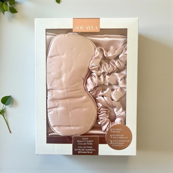 ZOË AYLA PINK Silky Beauty Sleep Set Pillowcase, Eye Mask, & 3 Scrunchies BNIB - Picture 2 of 8